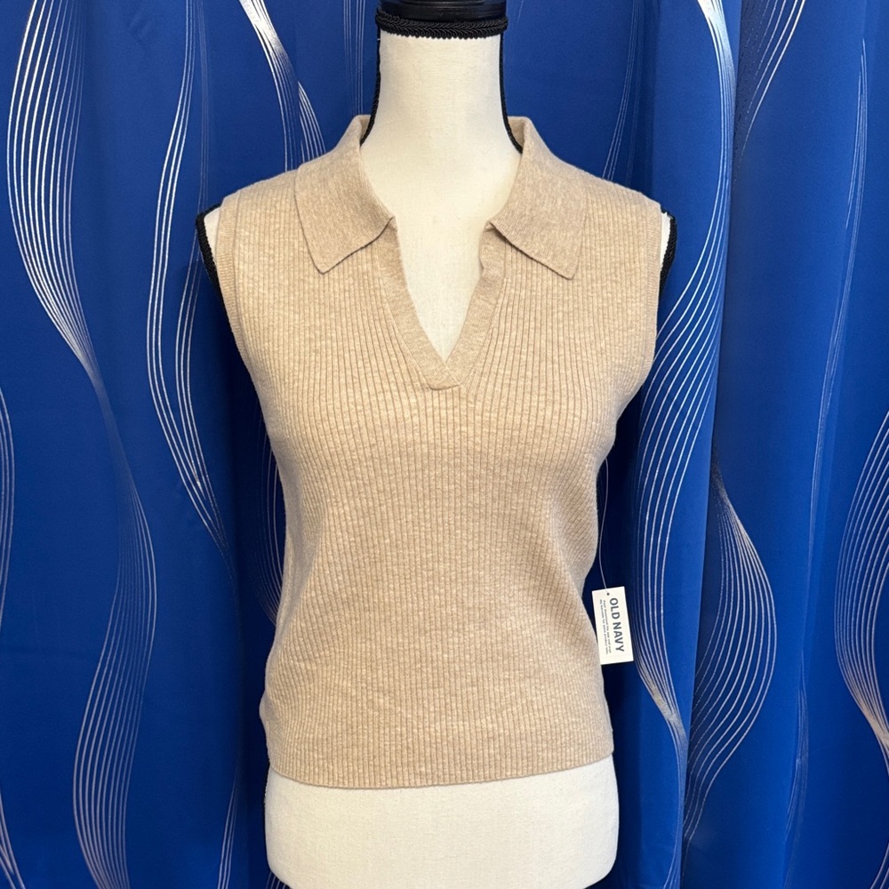 Old Navy Tan Ribbed Sleeveless Collared Top